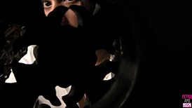 Sheena Ryder eagerly awaits huge cock emerging from glory hole for deepthroat