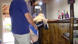 Cute Blonde Lifts Skirt for Quick Doggy Action