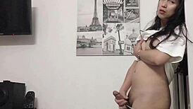 big boobs ladyboy teases cock during sweaty exercise