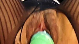 Watch this babe ride that monster cock dildo close-up, her wet hairy pussy getting filled and cumming hard.