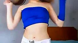 bonneyuwu dances in miniskirt while masturbating her tight pussy with dildo.