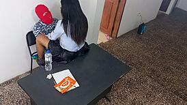 In the office, my stepfather's secretary submits to me, bending over for standing sex as I fuck her hard.