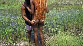 Skinny African Babe Strokes Tourist in River! Can't Believe How She Handles It!
