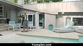 Young Asian teen gives intense blowjob in missionary position