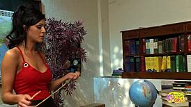 Three lesbian friends in uniforms share wild desk play with toys