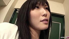 Japanese virgin teen seduces old neighbor for sperm taste. She sucks him in uncensored JAV.