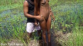 Skinny African Babe Strokes Tourist in River! Can't Believe How She Handles It!