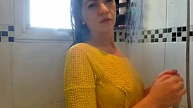 horny latina girl in the bath rubbing her tits and showing her ass, begging for cock