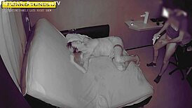 Blindfolded cheating housewife in stockings gets huge creampie from neighbor late at night.