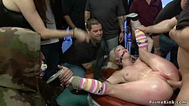 Gagged blonde bound and screwed hard in public shop.