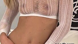 Exquisite centerfold babe takes warm pee in her slim tight cunt