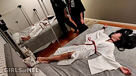 The handsome guy picked up the girl in a white kimono