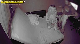 Blindfolded cheating housewife in stockings gets huge creampie from neighbor late at night.