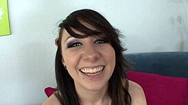 feeling so slutty as this big white cock pounds my shaved pussy hard, making me moan with every thrust