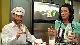 Milkman dominates shemale with intense kitchen sucking
