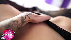 Babe in stockings teases her pussy solo. She cums on her feet with natural tits.