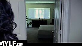 Scared by movies, she sucks her boss's dick for distraction, featuring big ass and tits in POV.