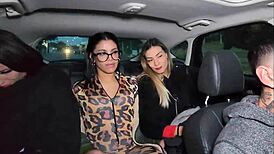 Lucky uber driver fucks three petite spanish brunettes in ass outdoor flashing small tits!