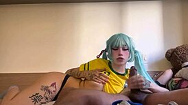 Brazilian Hatsune Miku Performs Deepthroat Blowjob. She Receives Cum in Mouth.