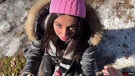 Stranger Fills My Pussy with Cum in Snowy Winter Forest Creampie