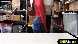 watch this cute shoplifter bent over, getting rough doggystyle on the table.