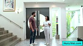 Sexy Asian masseuse Nicole Doshi's wet nuru massage turns pounding