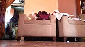 Shemale struts in black high heels, teasing with every bold step