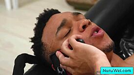 Blonde masseuse Caitlin Bell with huge boobs takes BBC deep in her pussy during nuru massage