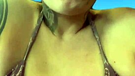 big natural tits wet in bikini at beach gym