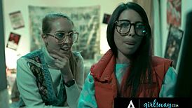 Girlsway - Futuristic milf takes nerdy vintage girl's virginity in rough hairy threesome