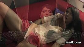 Stunning idol's slim vagina filled with warm pee and cum