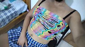 Old latina stepmother fantasizes being a student and sensually masturbates with dildo at home feeling sexy