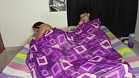 young colombian guy jerks off to spanish porn on his phone, then his stepmom joins in