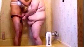 sissy fucks wife in shower, deepthroat then anal creampie