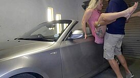 A hot blonde gets bent over her convertible for intense doggystyle sex and a creampie.