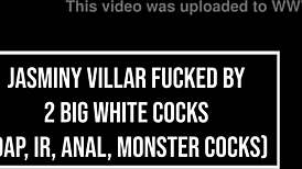 Damn! Brazilian ebony princess Jasminy Villar takes 2 huge cocks in wild dap interracial!