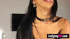 This pretty Asian ladyboy gives wild POV blowjob on street