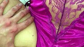 Purple satin thong contrasts with intense Colombian lingerie fuck play.