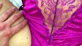 Purple satin thong contrasts with intense Colombian lingerie fuck play.