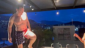 latina girls in bikinis invite neighbor to jacuzzi fun.