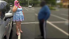 big curvy white girl blows black cock in public car