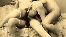 Vintage lesbians confess erotic secrets in a steamy retro threesome scene.