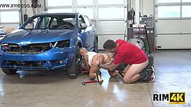 rim4k chick with big boobs licks anus at car shop
