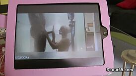 German teen 18+ catches guy jerking and helps with dirty talk