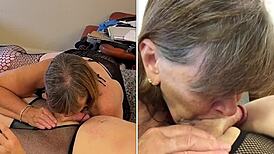 Deep throating mature granny Carmen in close-up action