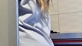 Hot girl cleans the stove, shows her big ass and tits, then masturbates passionately