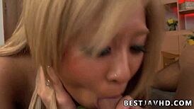 Blond cutie Karin performs Japanese oral in uncensored JAV.