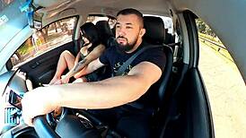 Curvy milf flashes no panties in Uber, driver can't resist