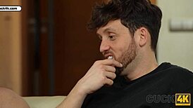 wow, cuckold husband watches wife ride and blowjob on sofa!