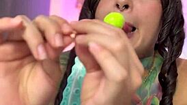 Babe with a split tongue rub her pussy against the pillow and fuck her ass